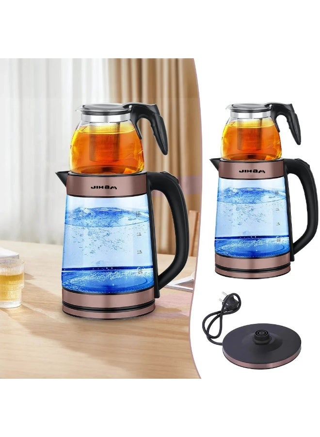 JIHAM EJ-80070 Electric Glass Tea Kettle 2.2 Liter Capacity, 2800W Fast Boil Power, EU Plug 220–240V, Stylish Bronze Finish, Heat-Resistant Glass and Plastic Water Kettle with Power Base - Image 1